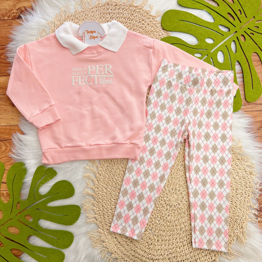 Conj. Casaco de Moletom com Gola Polo Perfect e Calça Legging Losangos - Rosa